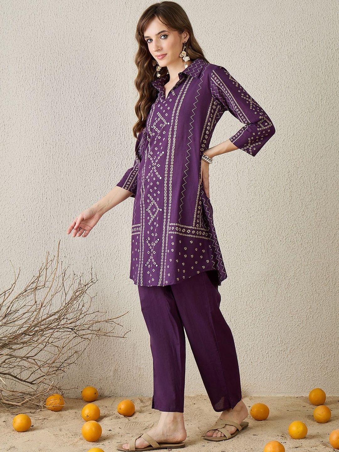 Women Bandhani Printed Regular Pure Cotton Kurti With Trousers