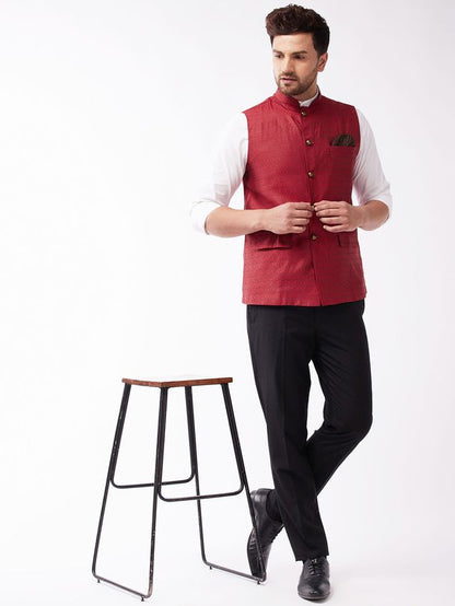 Men's Maroon Silk Blend Straight Nehru Jacket