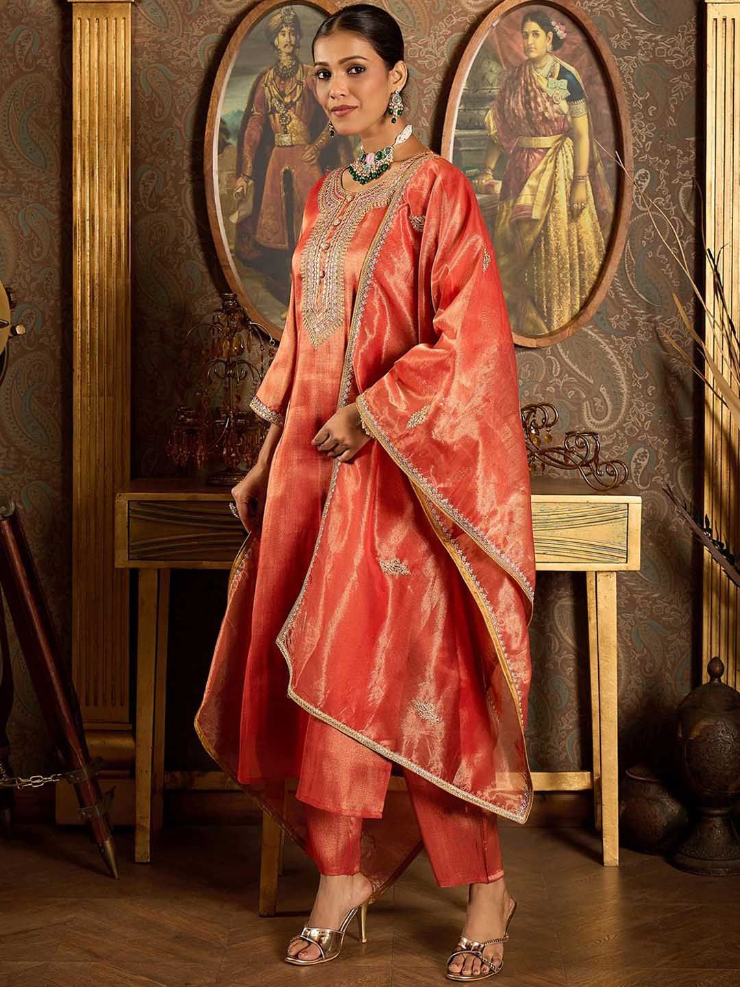 Dhiyona IE Ethnic Motifs Embroidered Zari Liva Kurta With Trousers & Dupatta