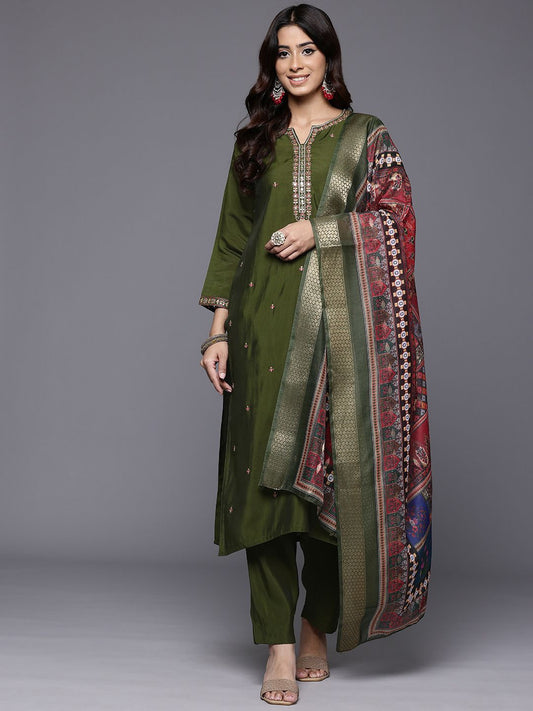 Dhiyona VA Women'sFloral Embroidered Notch Neck Mirror Work Straight Kurta With Trousers & Dupatta