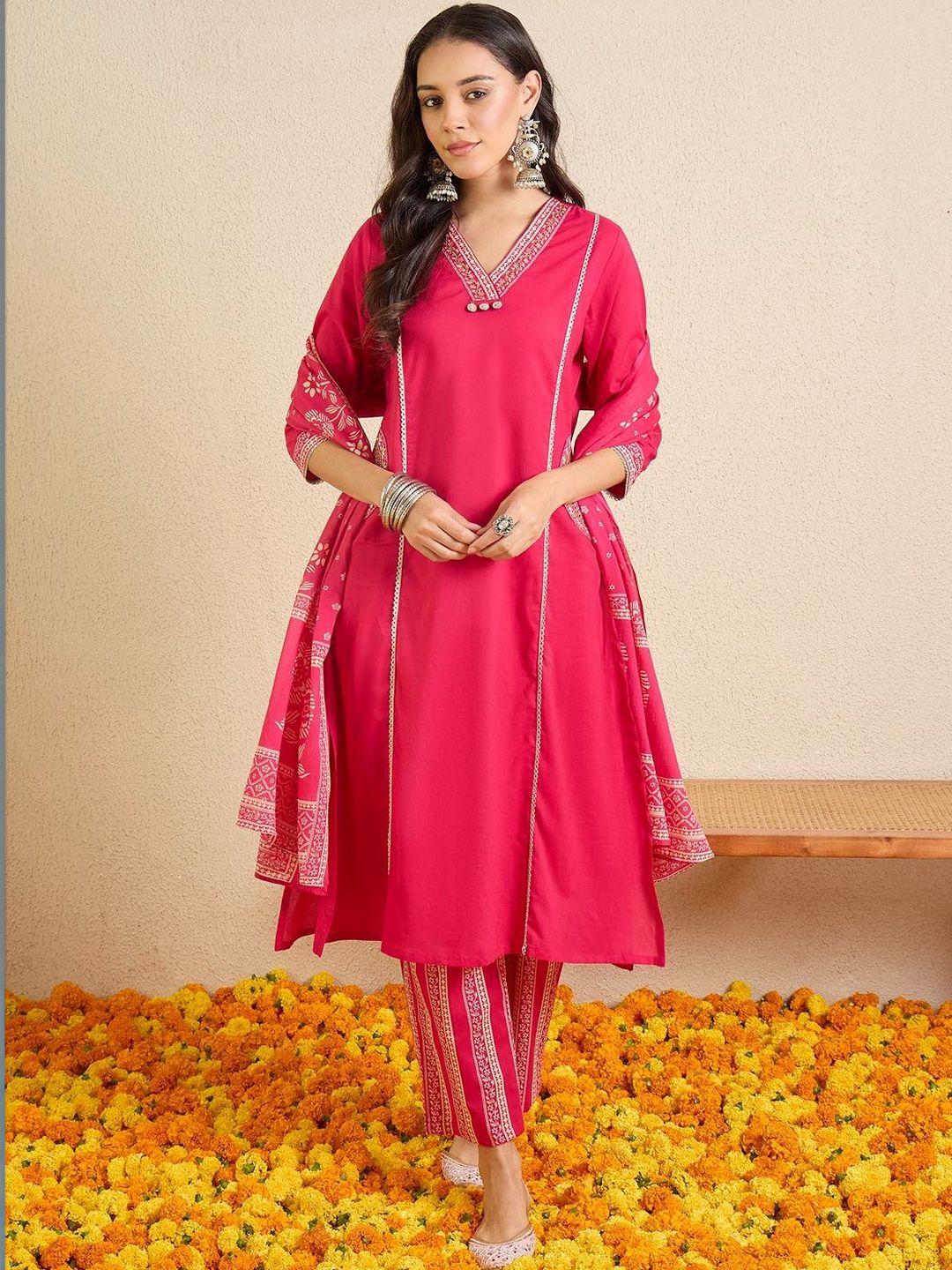 Dhiyona IE Women Ethnic Motifs Regular Thread Work Pure Cotton Kurta with Trousers & With Dupatta