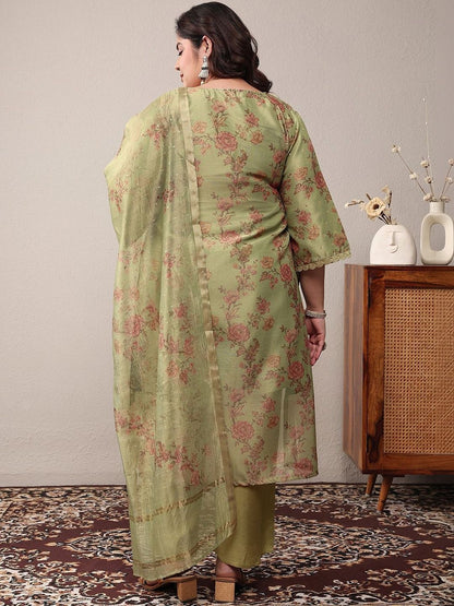 Dhiyona Women's Plus Size Floral Printed Kurta with Trousers & With Dupatta
