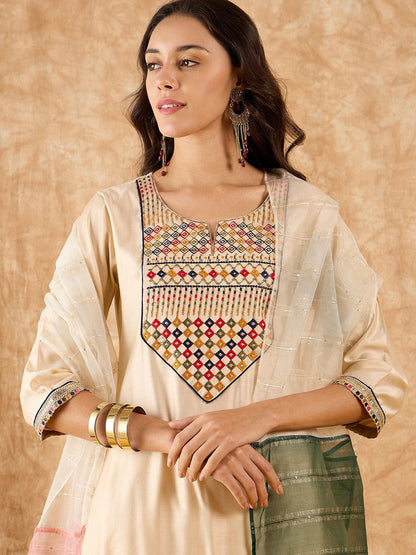 Yoke Design Straight Thread Work Liva Kurta with Palazzos & Dupatta