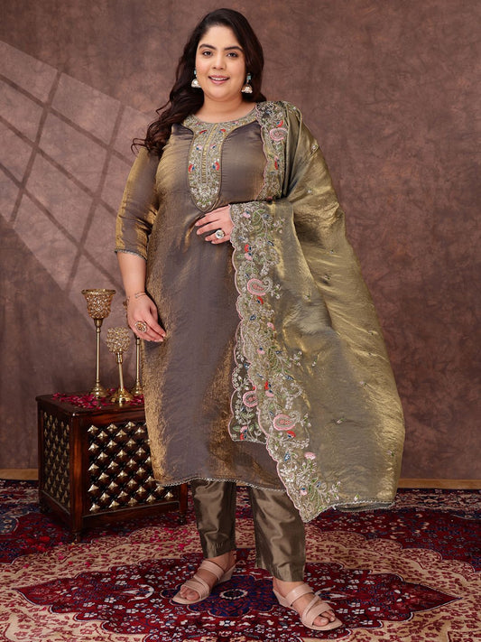 Dhiyona IN Women Floral Zari & Thread Embroidered Crushed Organza Kurta Set