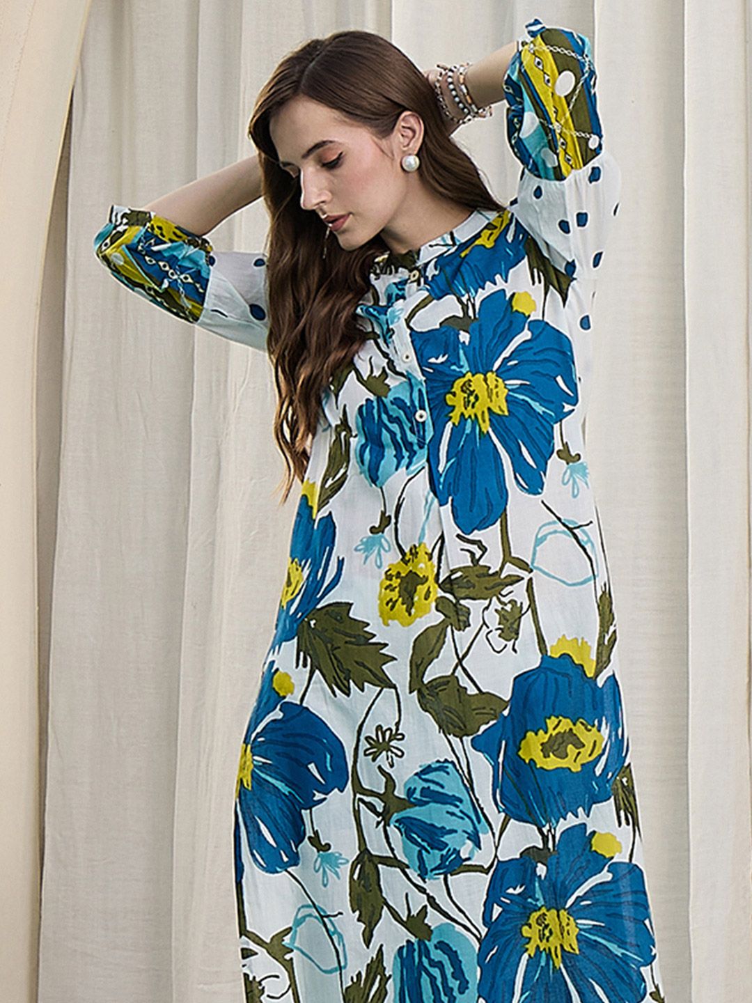 Dhiyona IE Floral Printed Pure Cotton Mandarin Collar Tunic With Trousers