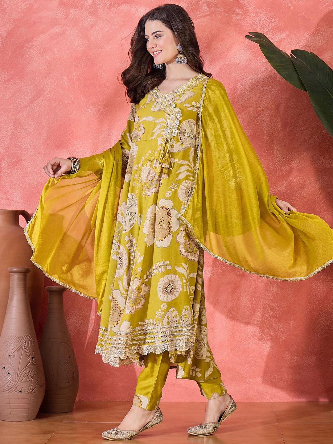 Dhiyona SN Women's Floral Printed With Embroidered Angrakha Kurta With Trousers & Dupatta