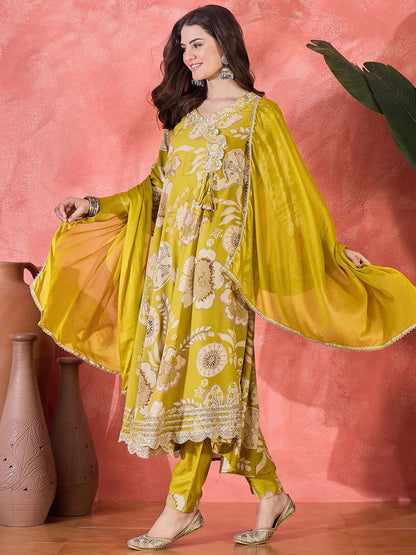 Dhiyona SN Women's Floral Printed With Embroidered Angrakha Kurta With Trousers & Dupatta