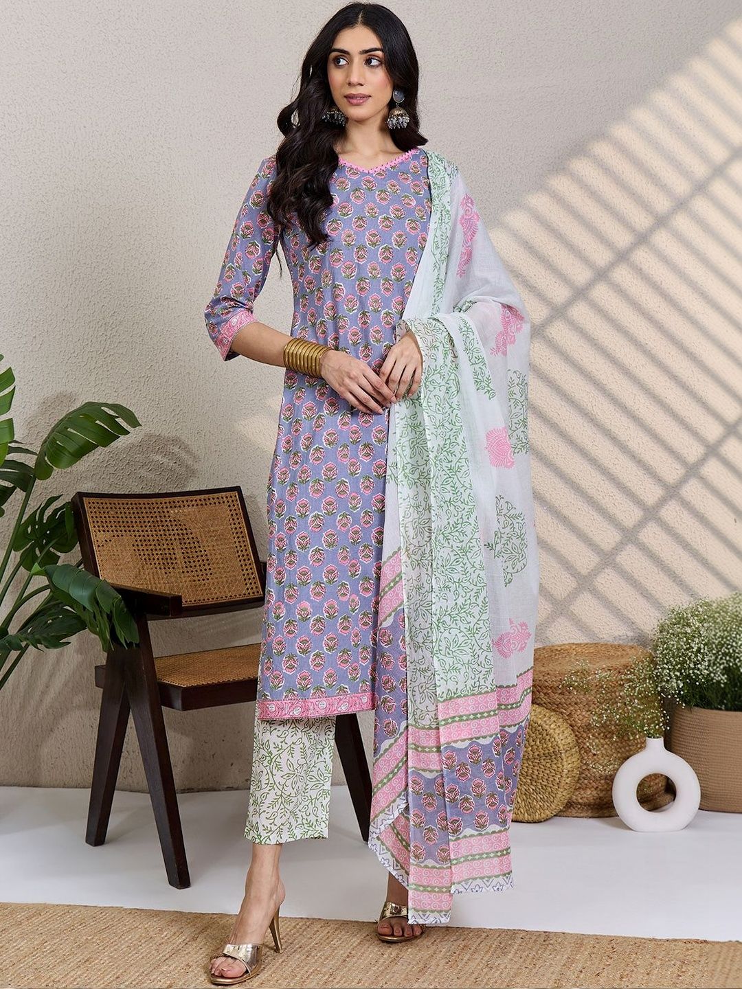 Women Ethnic Motifs Printed Regular Pure Cotton Kurta with Trousers & With Dupatta