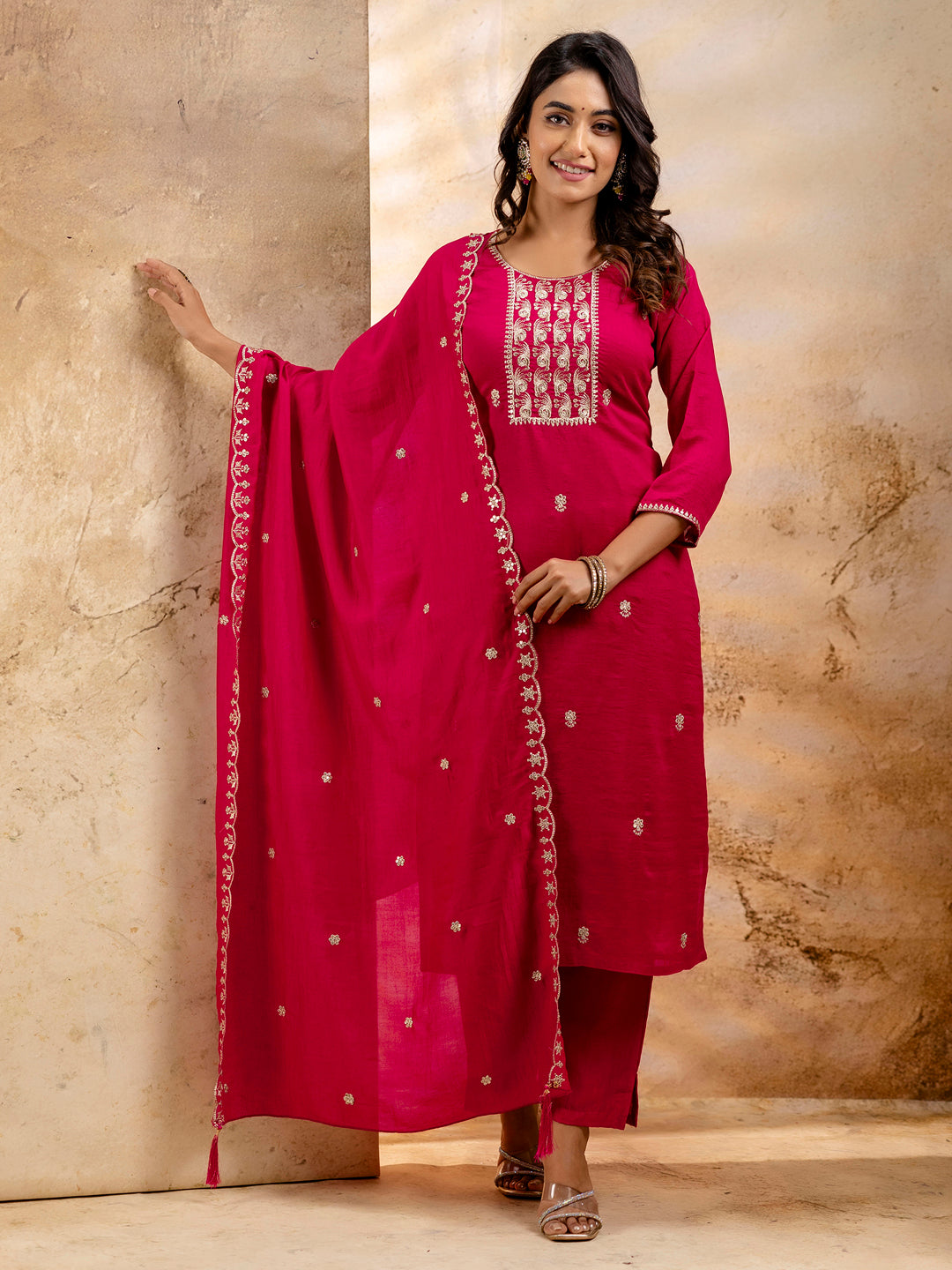 Dhiyona VV Women's Embroidered Silk Blend Kurta Pant Sets With Dupatta