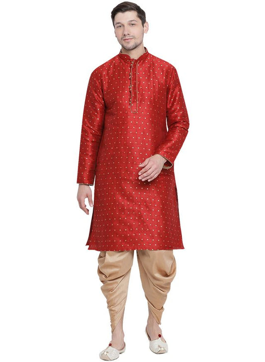 Men's Maroon Silk Blend Straight Kurta and Dhoti Set