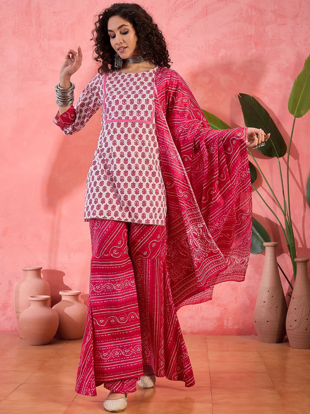 Dhiyona SN Women's Floral Printed Round Neck Pure Cotton Straight Kurti With Sharara & Dupatta