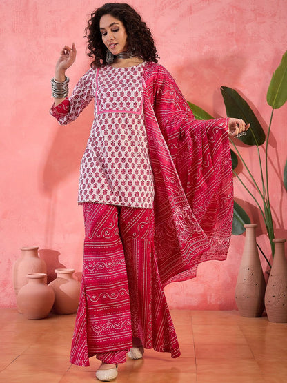 Dhiyona SN Women's Floral Printed Round Neck Pure Cotton Straight Kurti With Sharara & Dupatta