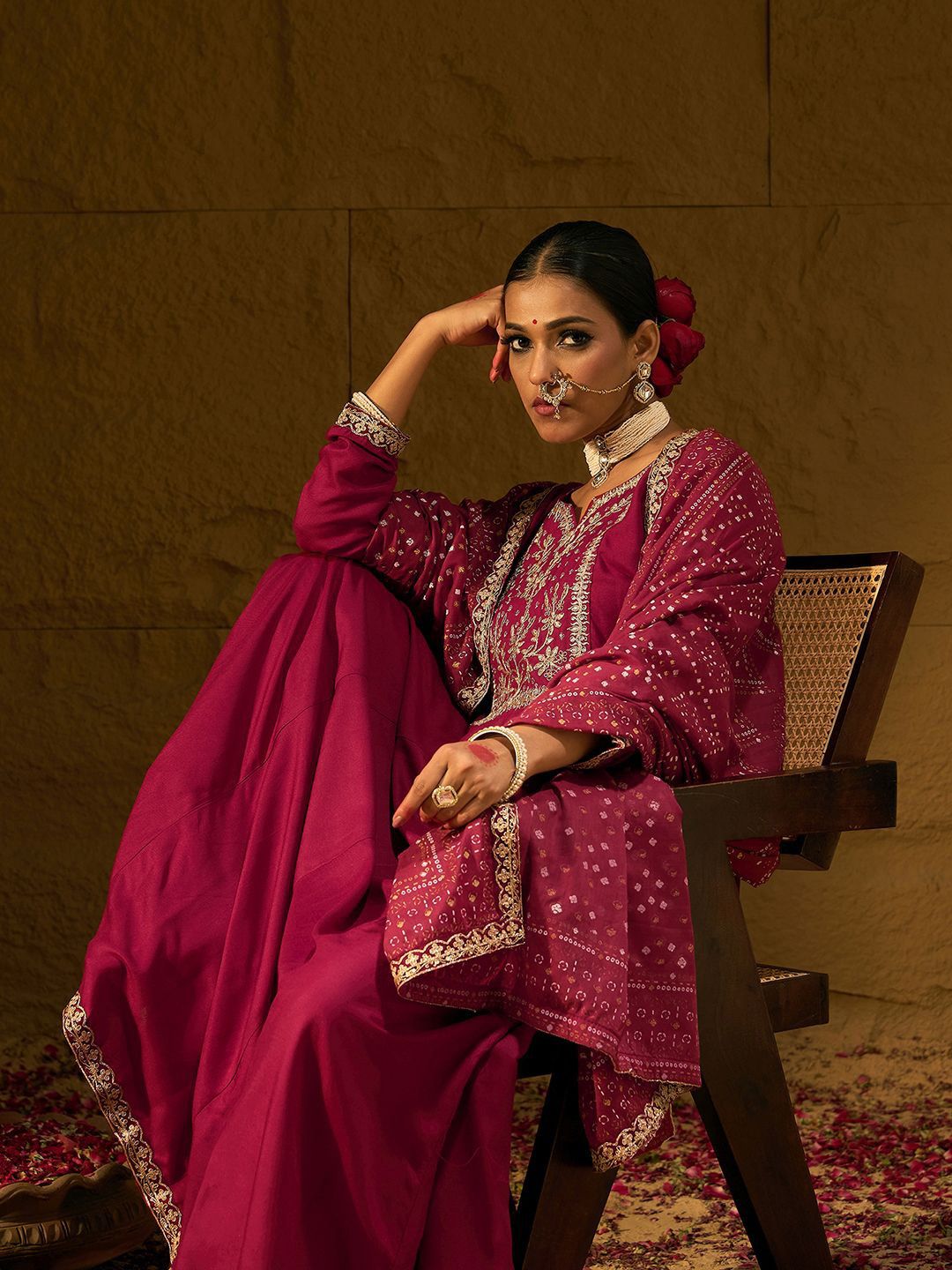 Dhiyona IE Ethnic Motifs Embroidered Zari A-Line Kurta With Trousers & Dupatta