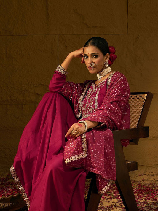 Dhiyona IE Ethnic Motifs Embroidered Zari A-Line Kurta With Trousers & Dupatta