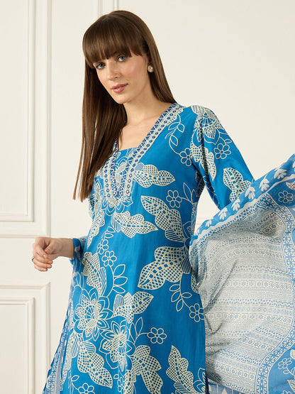 Floral Printed V-Neck Regular Pure Cotton A-Line Kurta With Trousers & Dupatta