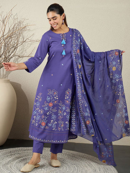 Women Floral Printed Cotton Kurta with Trousers & Dupatta