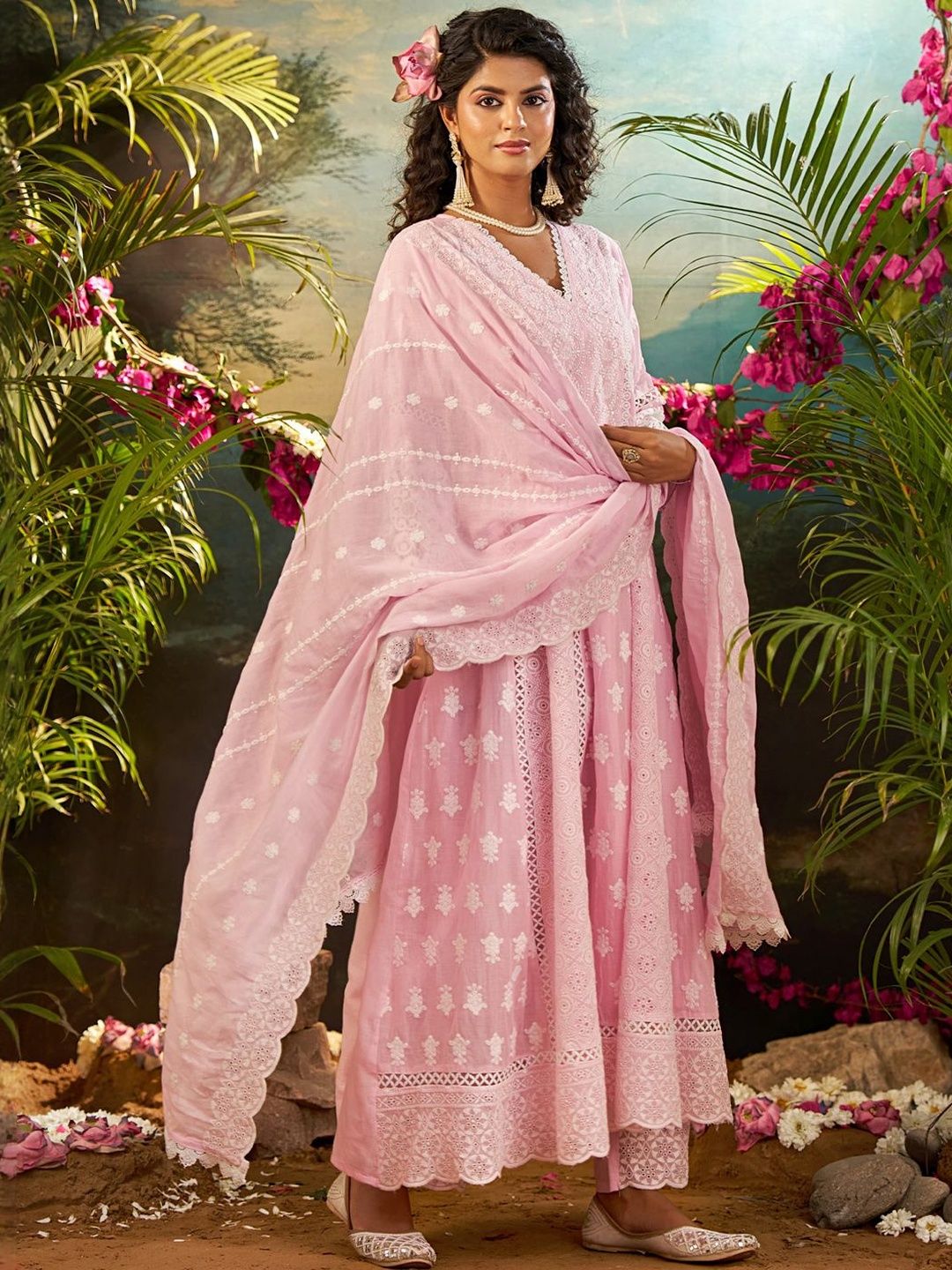 Women Ethnic Motifs Embroidered Cotton A-Line Kurta with Trousers & Dupatta