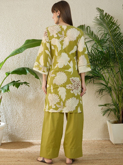 Floral Printed Pure Cotton Straight Kurta With Trousers