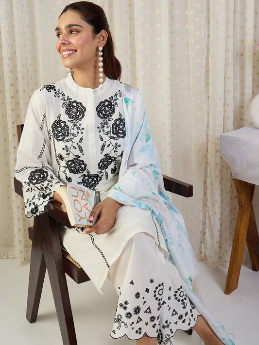 Women Floral Embroidered Regular Thread Work Cotton Kurta with Palazzos & Dupatta
