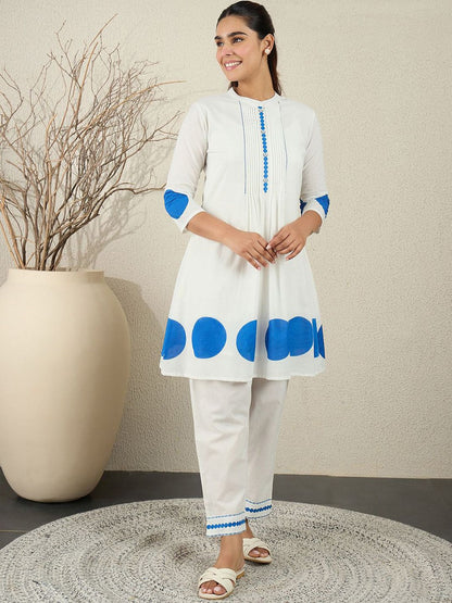 Printed Pleated Thread Work Pure Cotton Kurta With Trousers