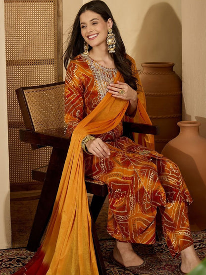 Dhiyona SN Women's Bandhani Printed Sequinned A-Line Kurta With Trousers & Dupatta