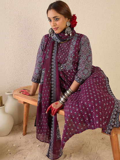 Women Ethnic Motifs Printed Regular Thread Work Pure Cotton Kurta with Trousers & With Dupatta
