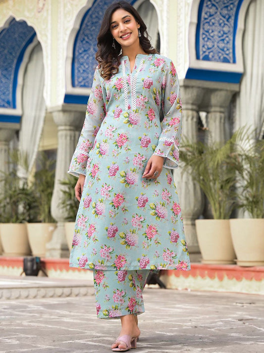 Dhiyona VA Women'sFloral Printed Mandarin Collar Regular Kurta With Trousers