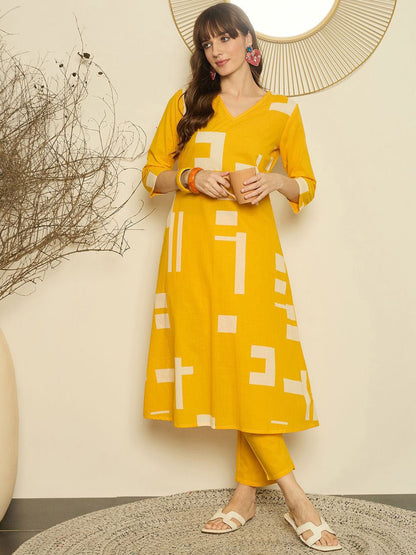 Geometric Printed V-Neck A-Line Pure Cotton Kurta with Trousers