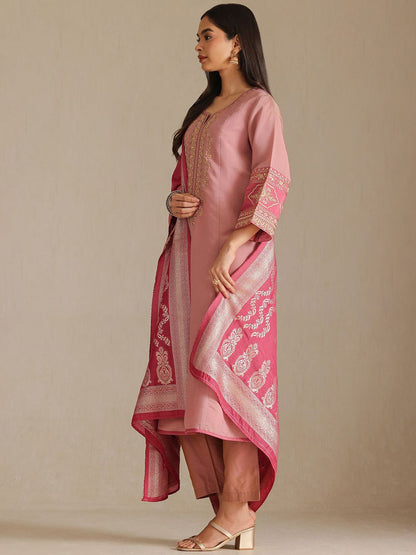 Dhiyona SO Women's Floral Yoke Design Notch Neck Muslin Zari Straight Kurta With Trousers & Dupatta