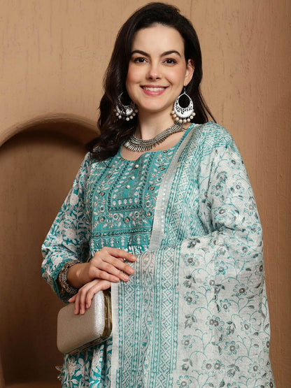 Dhiyona SN Women's Floral Printed Pure Cotton Anarkali Kurta & Trousers With Dupatta