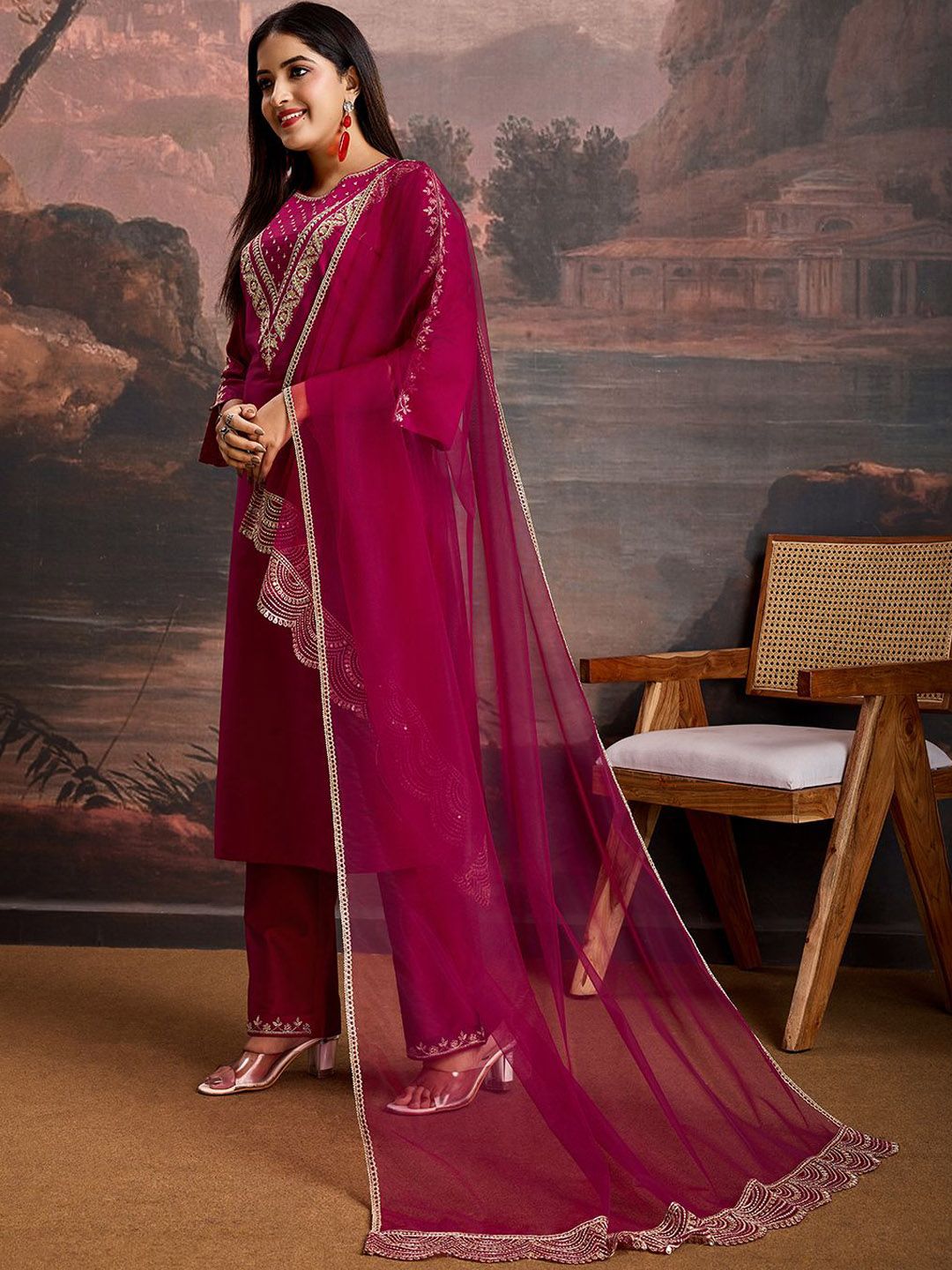 Dhiyona PD Women Embroidered Kurta & Trousers with Dupatta