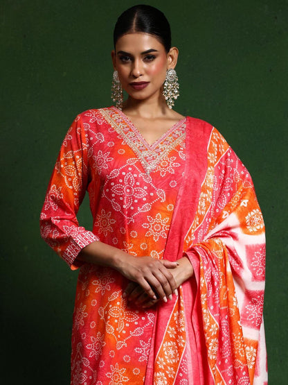 Dhiyona VA Women'sBandhani Printed V-Neck Thread Work Kurta With Trousers & Dupatta