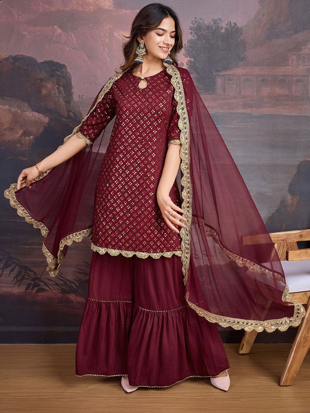 Dhiyona PD Women Embroidered Keyhole Neck Kurta With Sharara & Dupatta