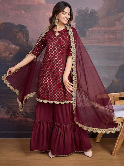 Dhiyona PD Women Embroidered Keyhole Neck Kurta With Sharara & Dupatta
