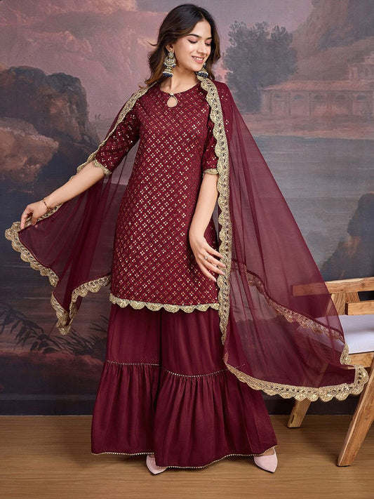 Dhiyona PD Women Embroidered Keyhole Neck Kurta With Sharara & Dupatta