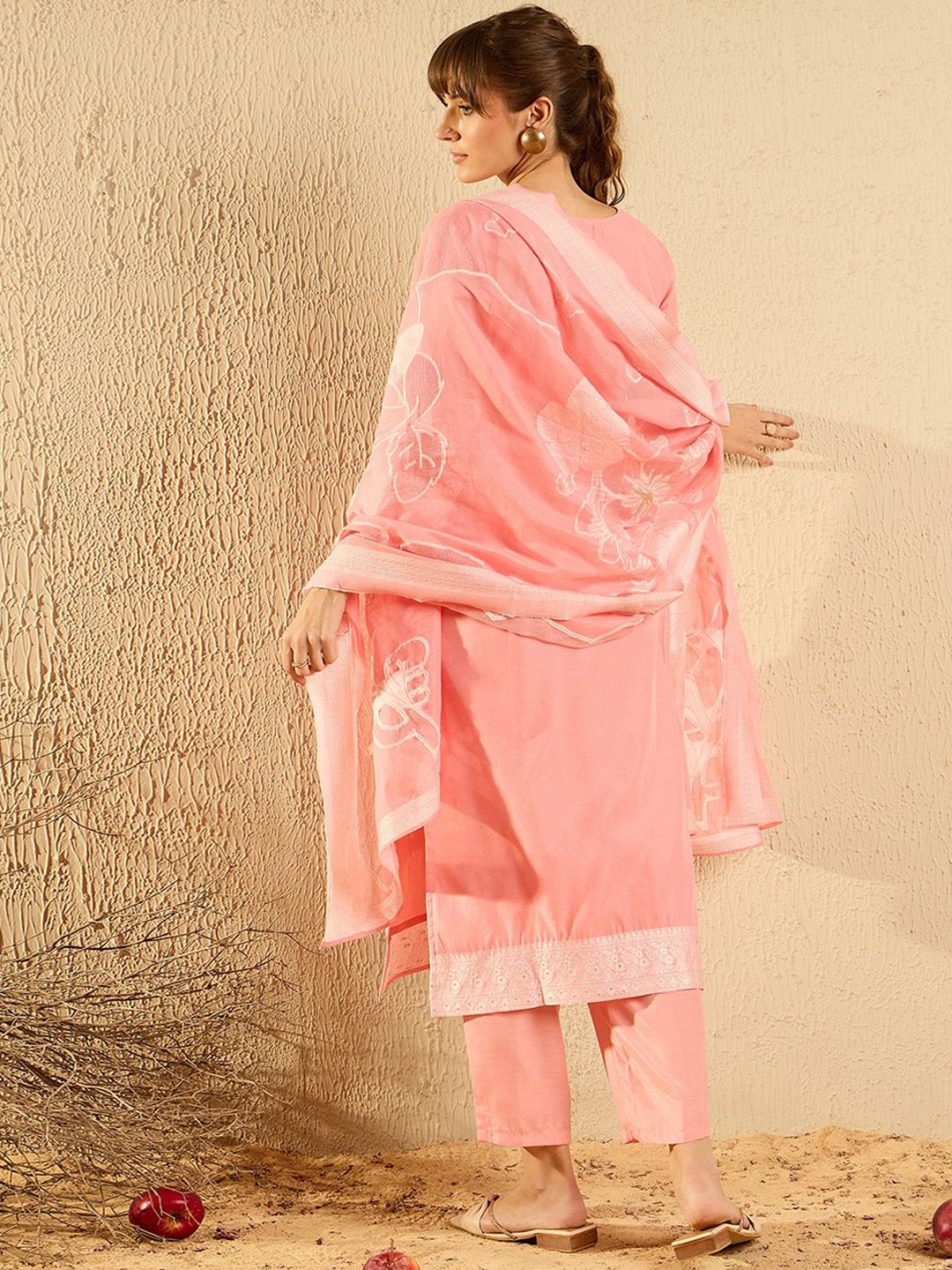 Floral Woven Design Straight Kurta With Trousers & Dupatta