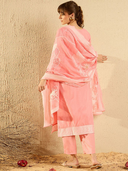 Floral Woven Design Straight Kurta With Trousers & Dupatta