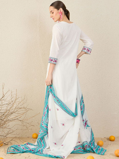 Floral Embroidered Thread Work Pure Cotton V-Neck Kurta With Trouser & Dupatta