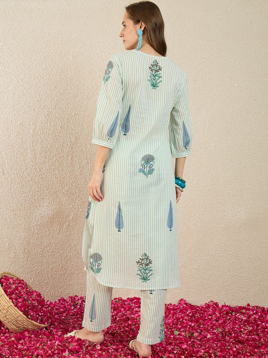 Dhiyona IE Printed Round Neck Three-Quarter Sleeves Pure Cotton Tunic And Trousers