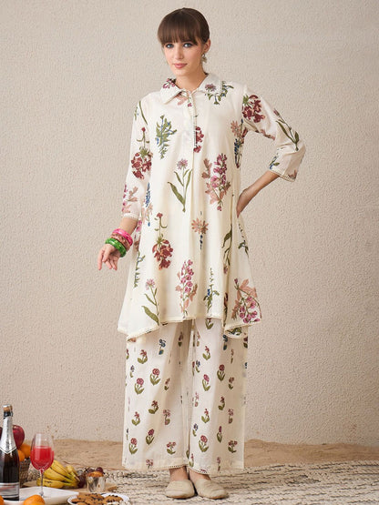 Floral Printed Pure Cotton Shirt Collar A-Line Kurta With Palazzos