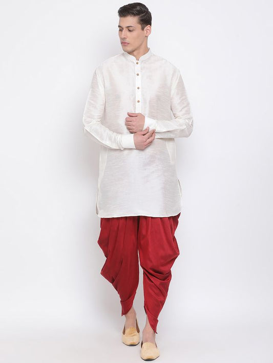 Men's Cream Silk Blend Pathani Kurta and Dhoti Set