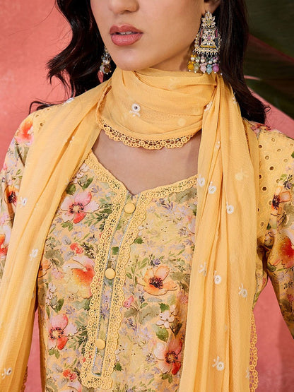 Dhiyona SN Women's Digital Printed With Schiffli Embroidered Cotton Kurta With Bottom & Dupatta Set