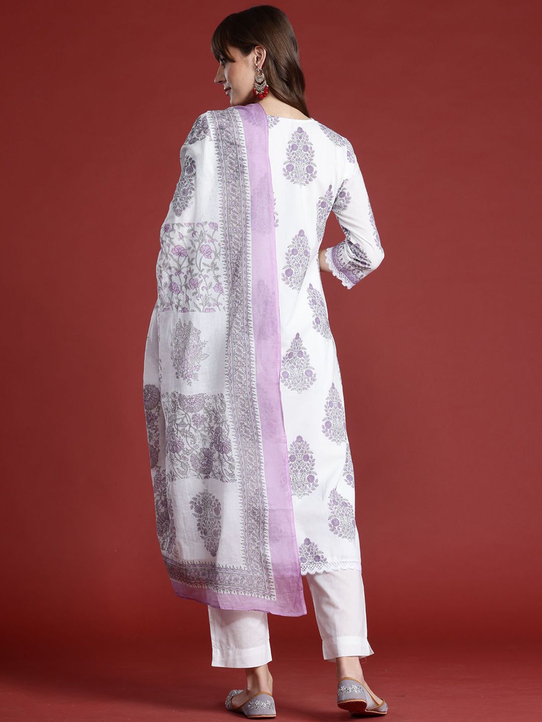Floral Printed Sequinned V-Neck Pure Cotton Kurta with Trousers & Dupatta