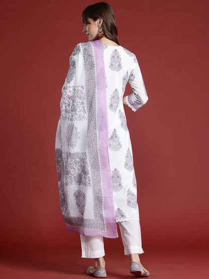 Floral Printed Sequinned V-Neck Pure Cotton Kurta with Trousers & Dupatta
