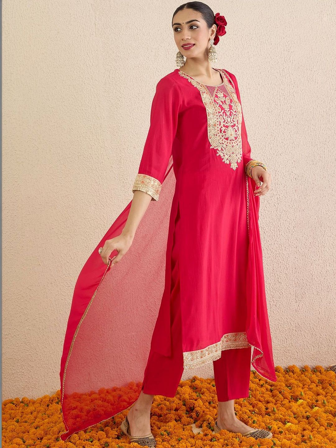 Women Ethnic Motifs Embroidered Regular Thread Work Kurta with Trousers & With Dupatta