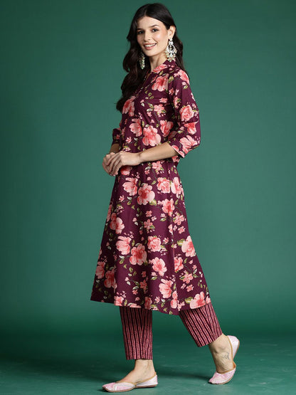 Dhiyona IE Floral Printed V-Neck Pure Cotton A-Line Tunic With Trouser