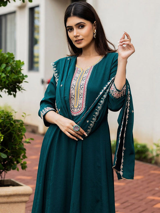 Dhiyona CH Women Floral Embroidered A-Line Kurta with Trousers & Dupatta