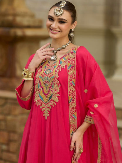 Women Geometric Embroidered A-Line Kurta with Trousers & Dupatta