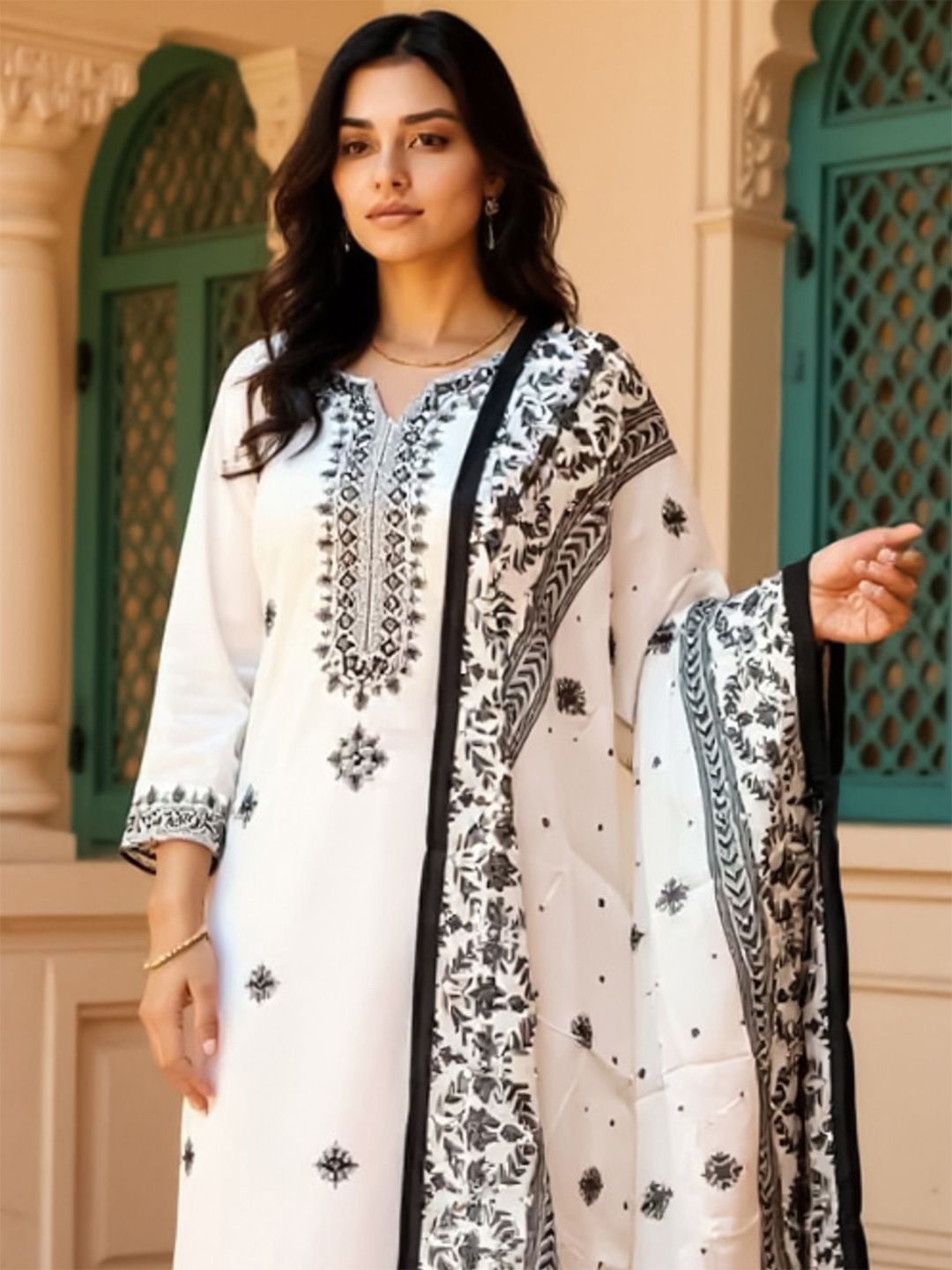 Women Embroidered Sequinned Pure Cotton Kurta with Trousers & Dupatta Kurta Sets