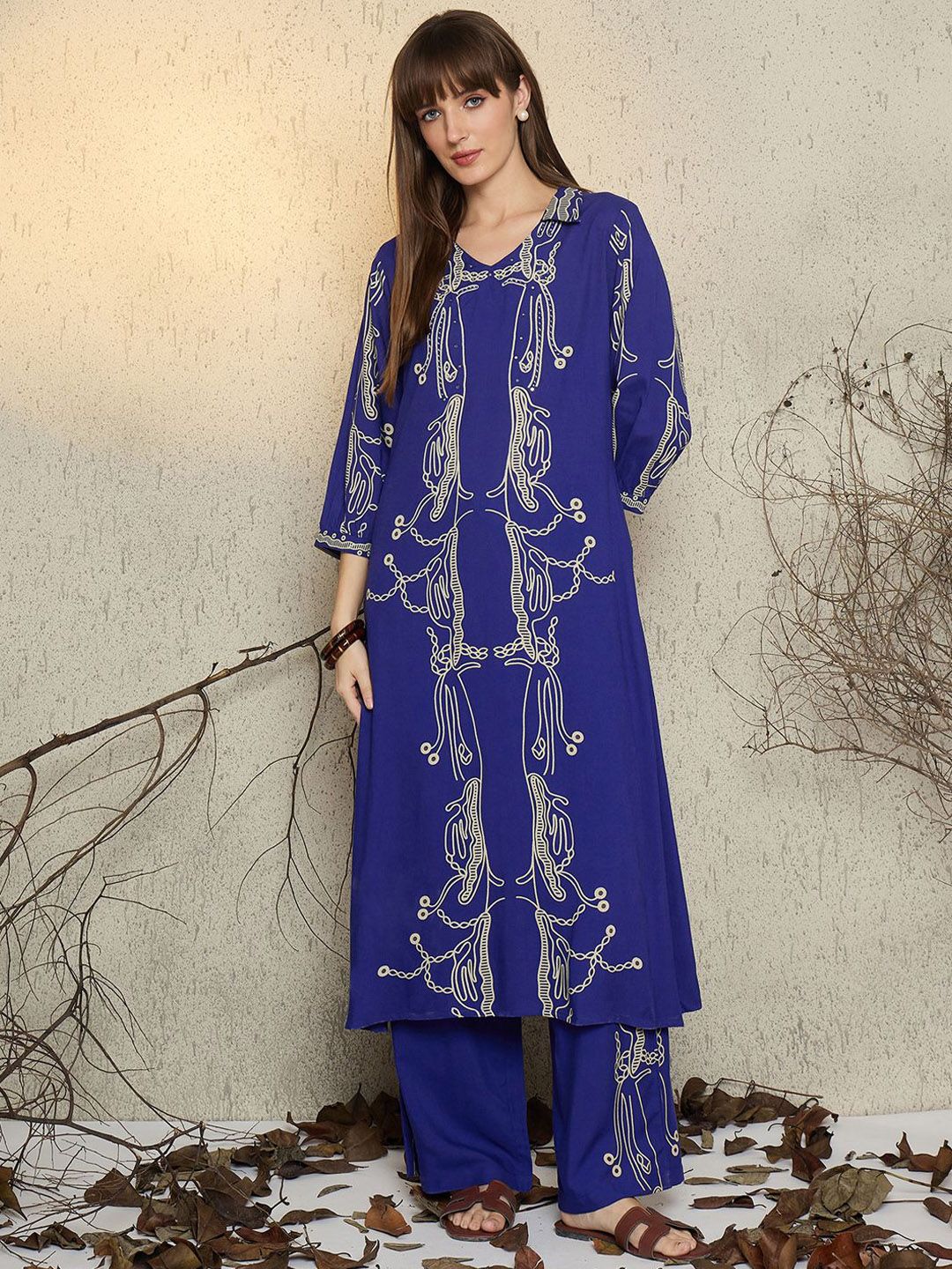 Dhiyona IE Women Printed Shirt Collar Top and Trousers Co-Ords